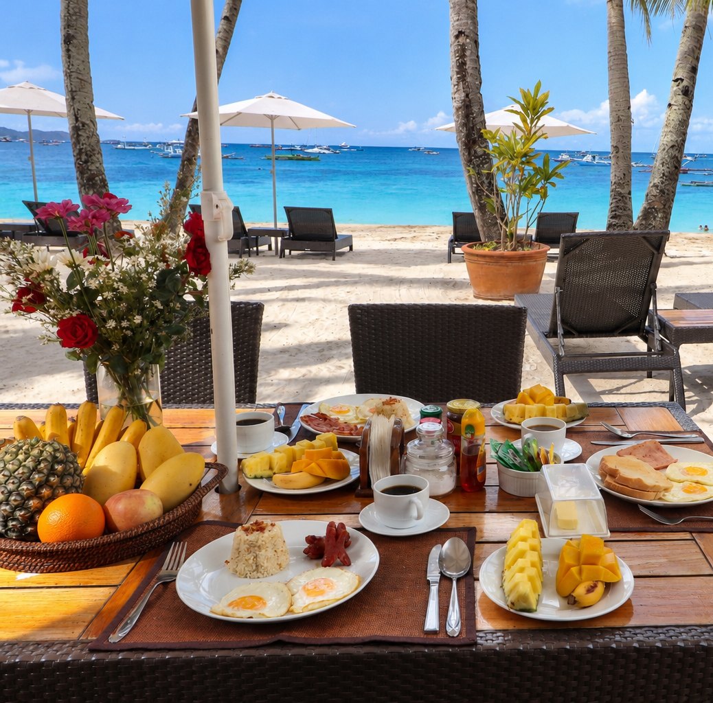 Breakfast table set on the beach