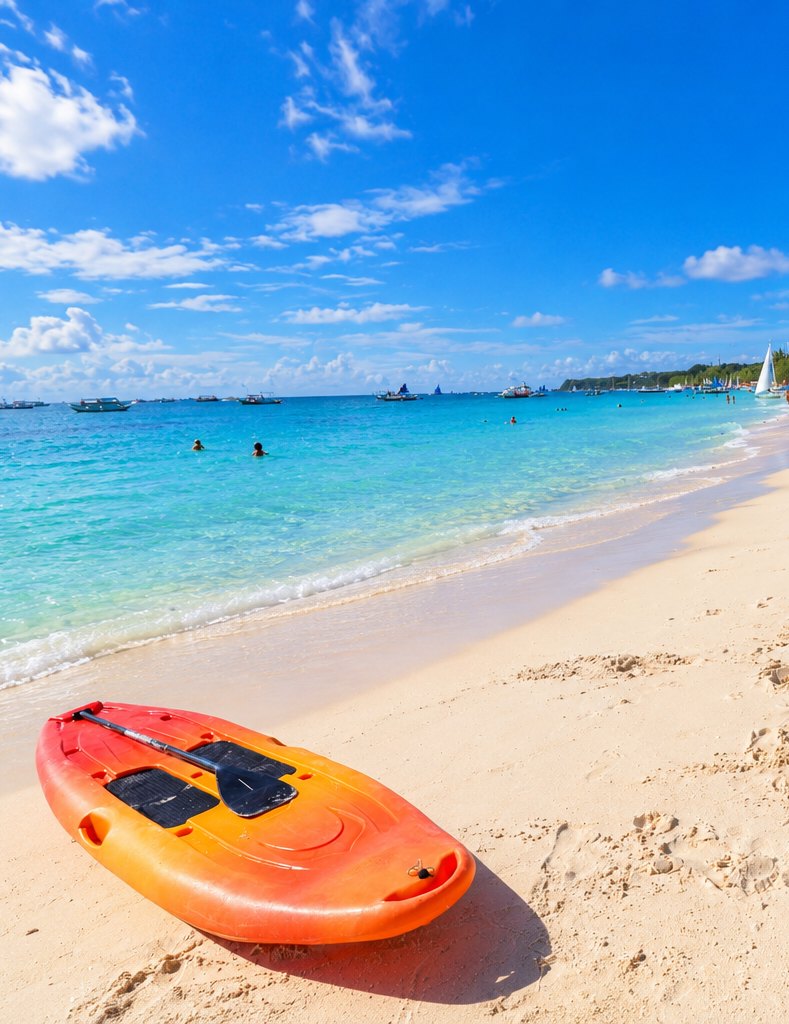 Orange kayak on the white sand of Boracay beach